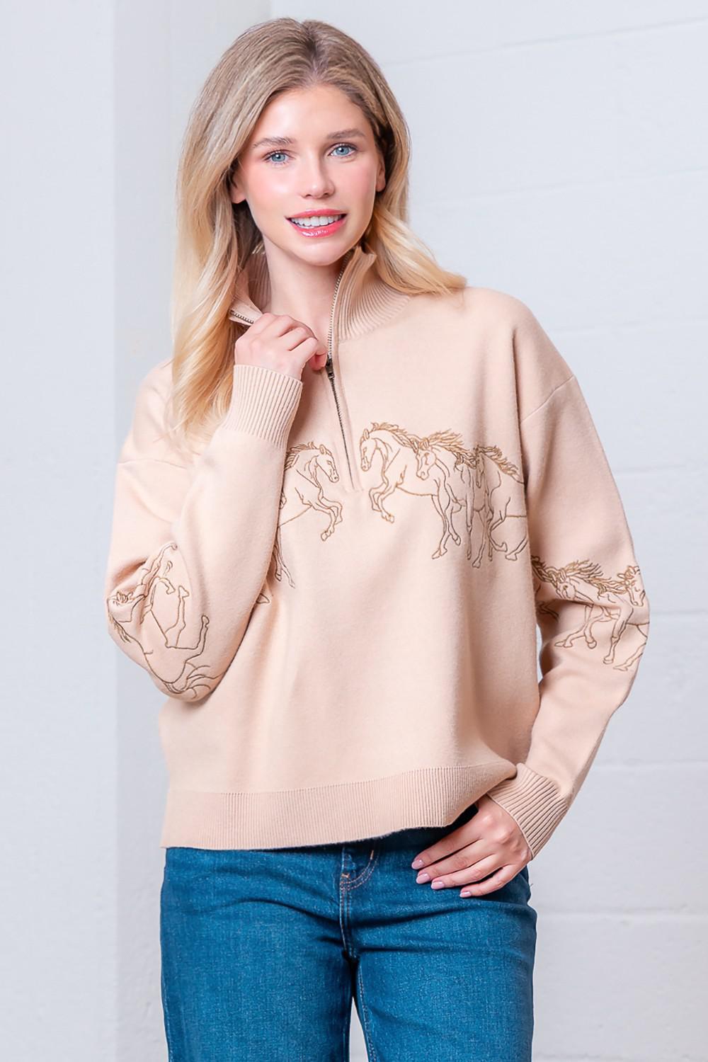 Horses Embroidery Sweater Top