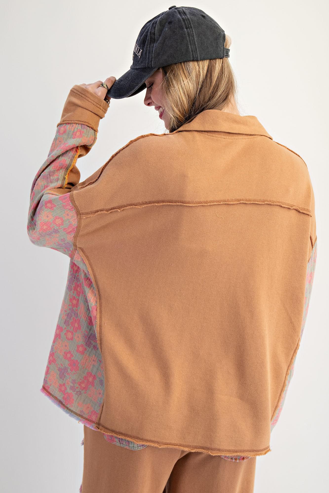 Floral Camel Mock Neck Washed Terry Pullover