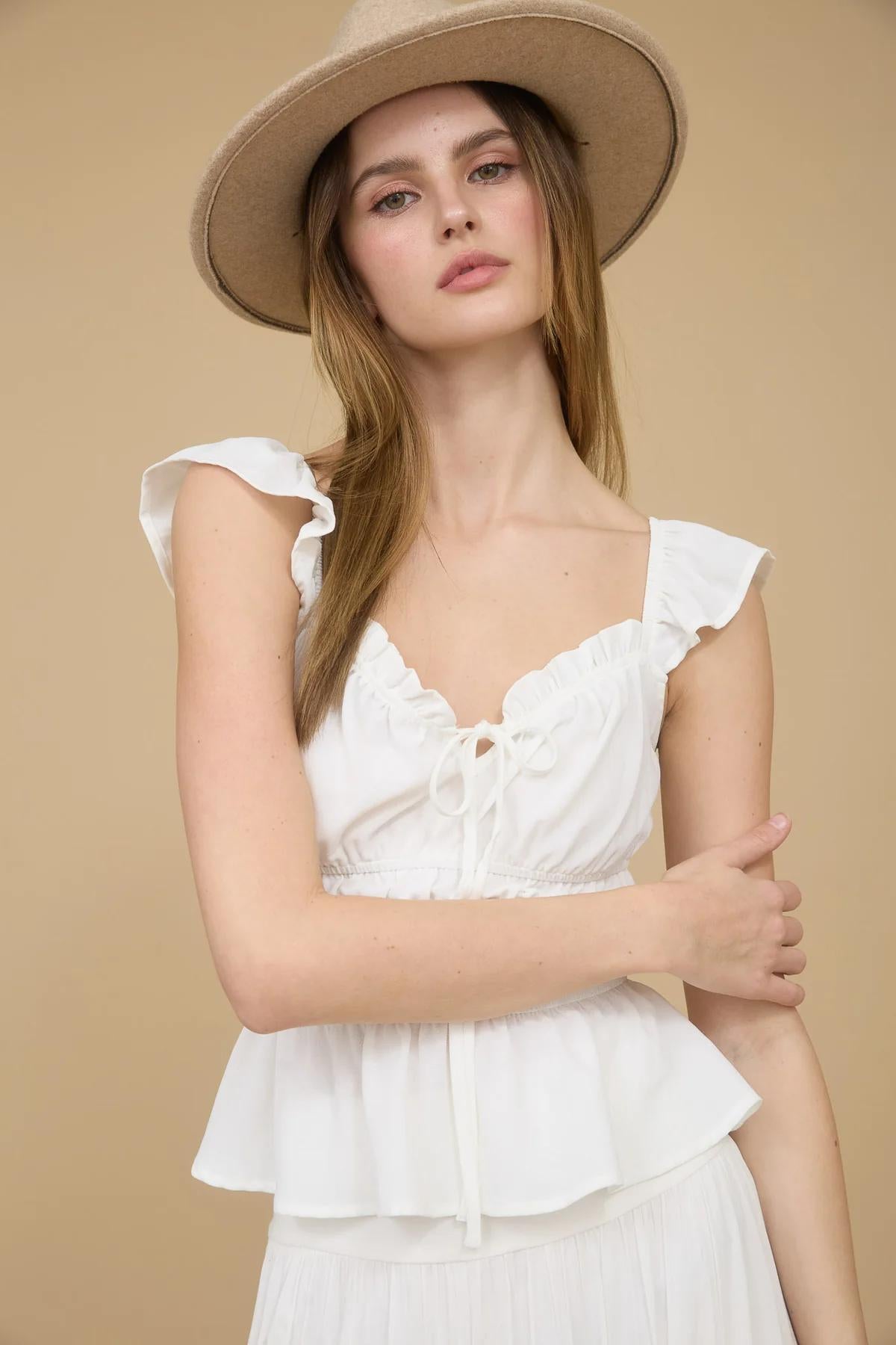 RUFFLE TRIM SHIRRED WAIST BLOUSE