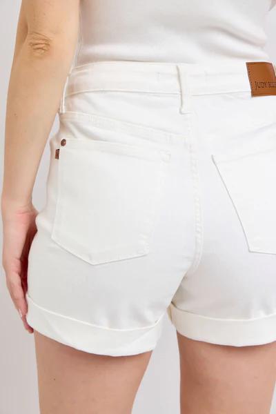 Judy Blue HW Double Rolled Cuff White Shorts