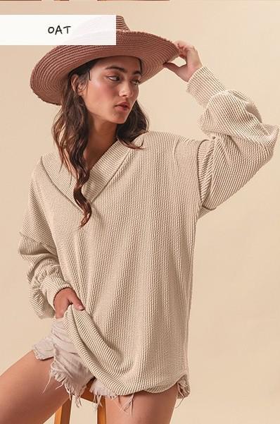 Cord Rib Contrast Stitching V-Neck Top