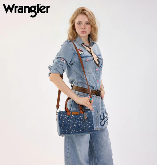 Wrangler Western Rhinestone Denim Boston Bag/Crossbody - Dark Jean