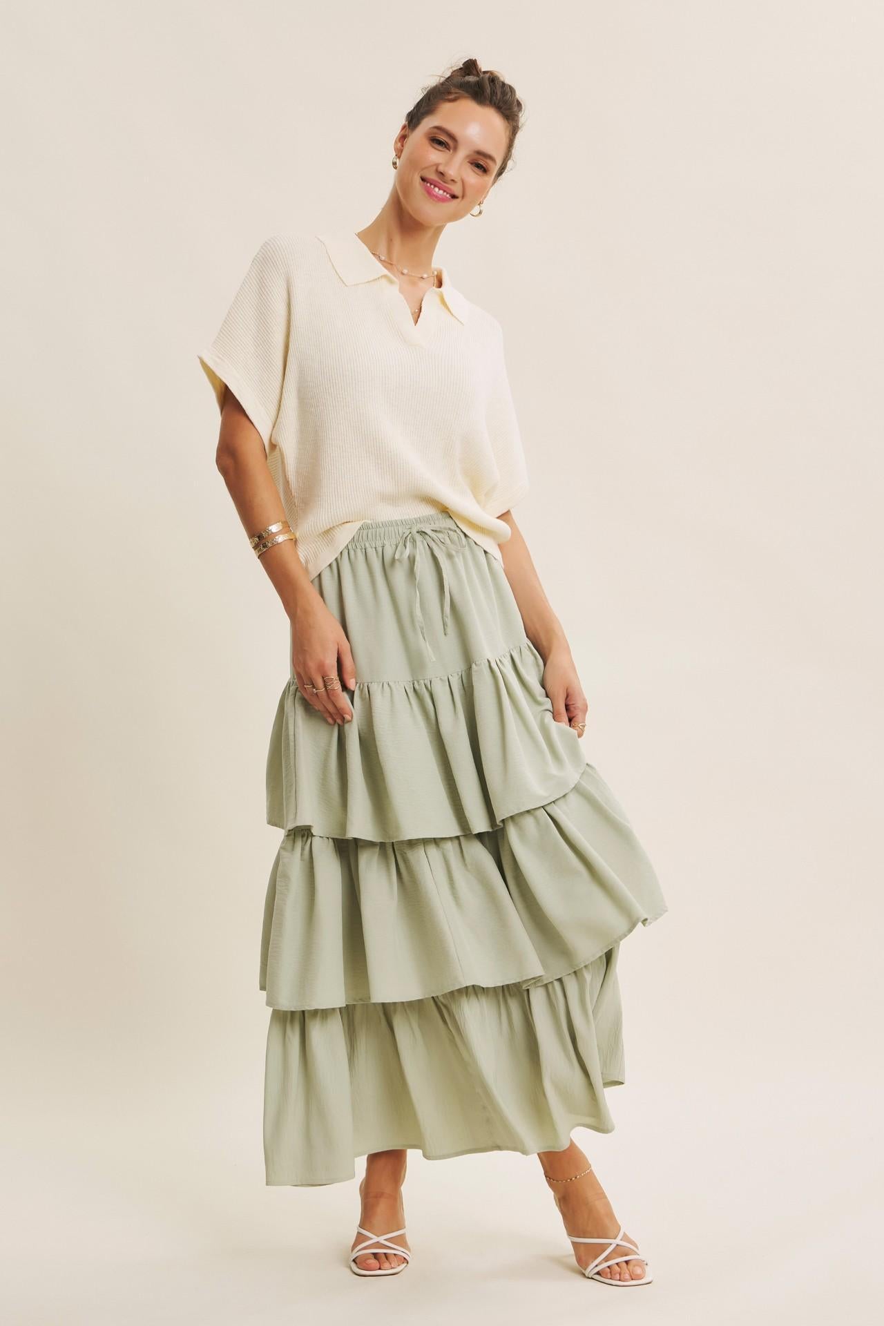 Airy Tiered Ruffle Maxi Skirt With Pockets - Sage