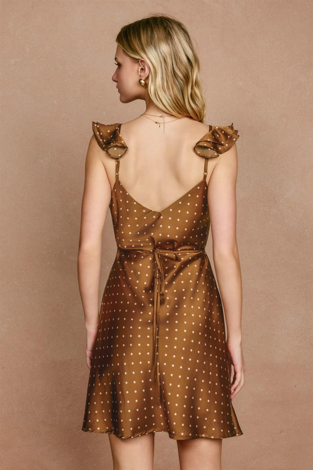 Dot Darling Flutter Sleeves Mini Dress - Brown