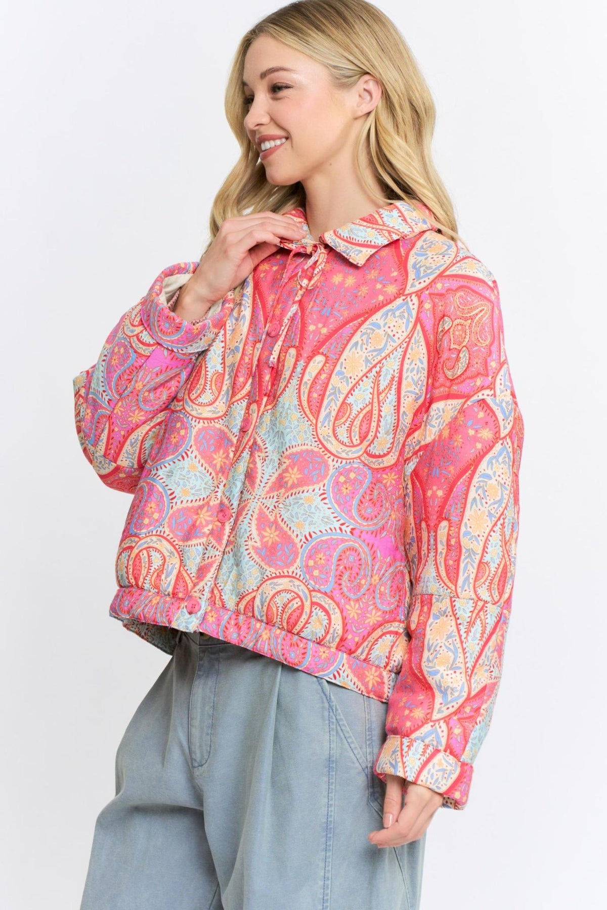 Paisley Print Button-up Quilted Jacket