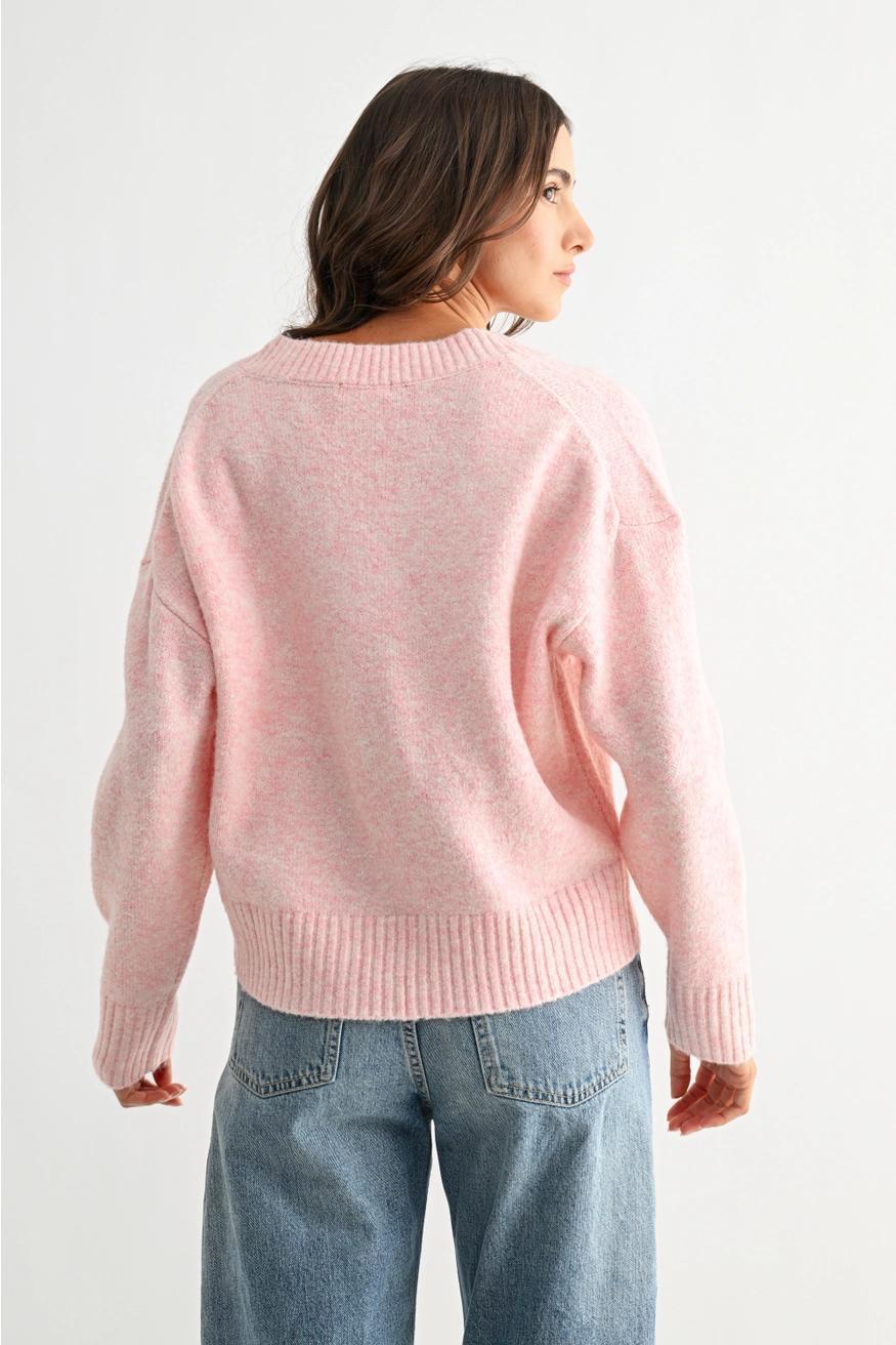 Pink Cozy V-Neck Blue Knit Sweater