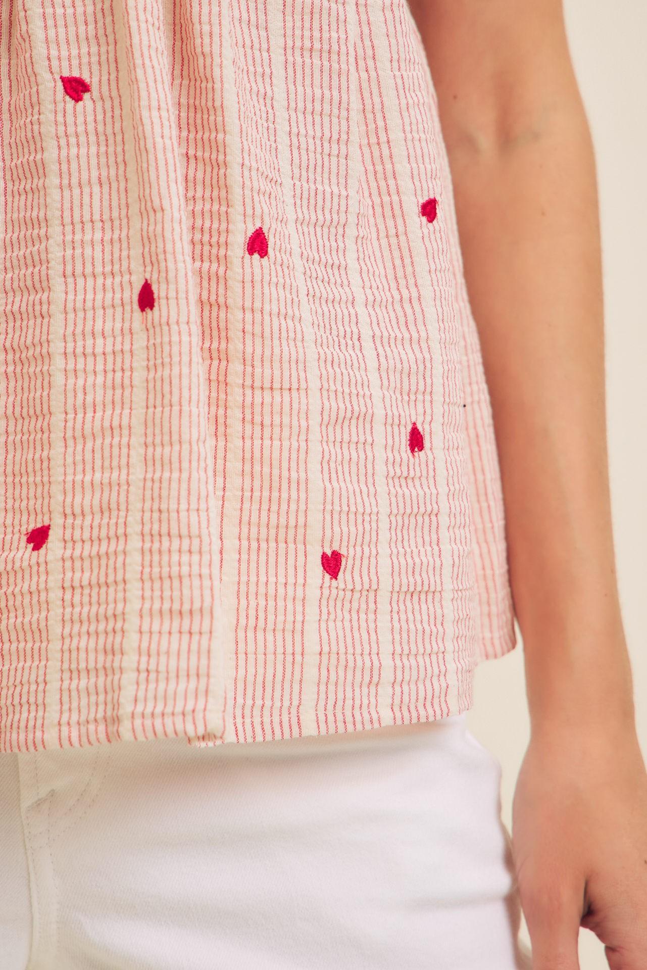 Heart Embroidery Stripe Cotton Linen Blend Top