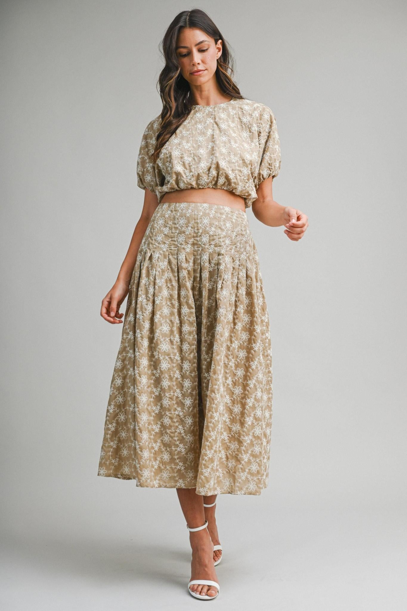 Embroidered Puff Crop Top And Midi Skirt Set