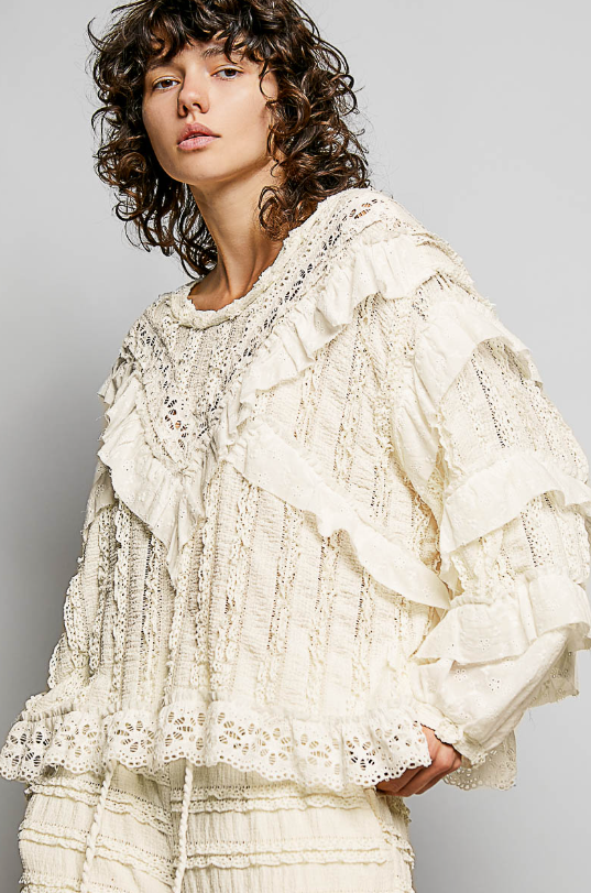 Eyelet Ruffle Raw Edge Trim Lace Solid Knit Top
