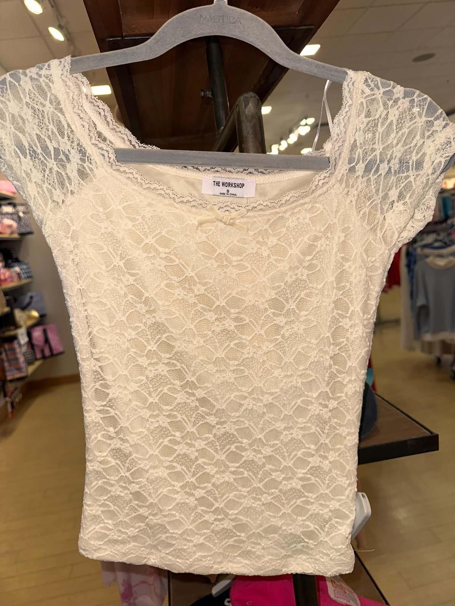 Cream Lace Bow Front Short Sleeve Knit Top