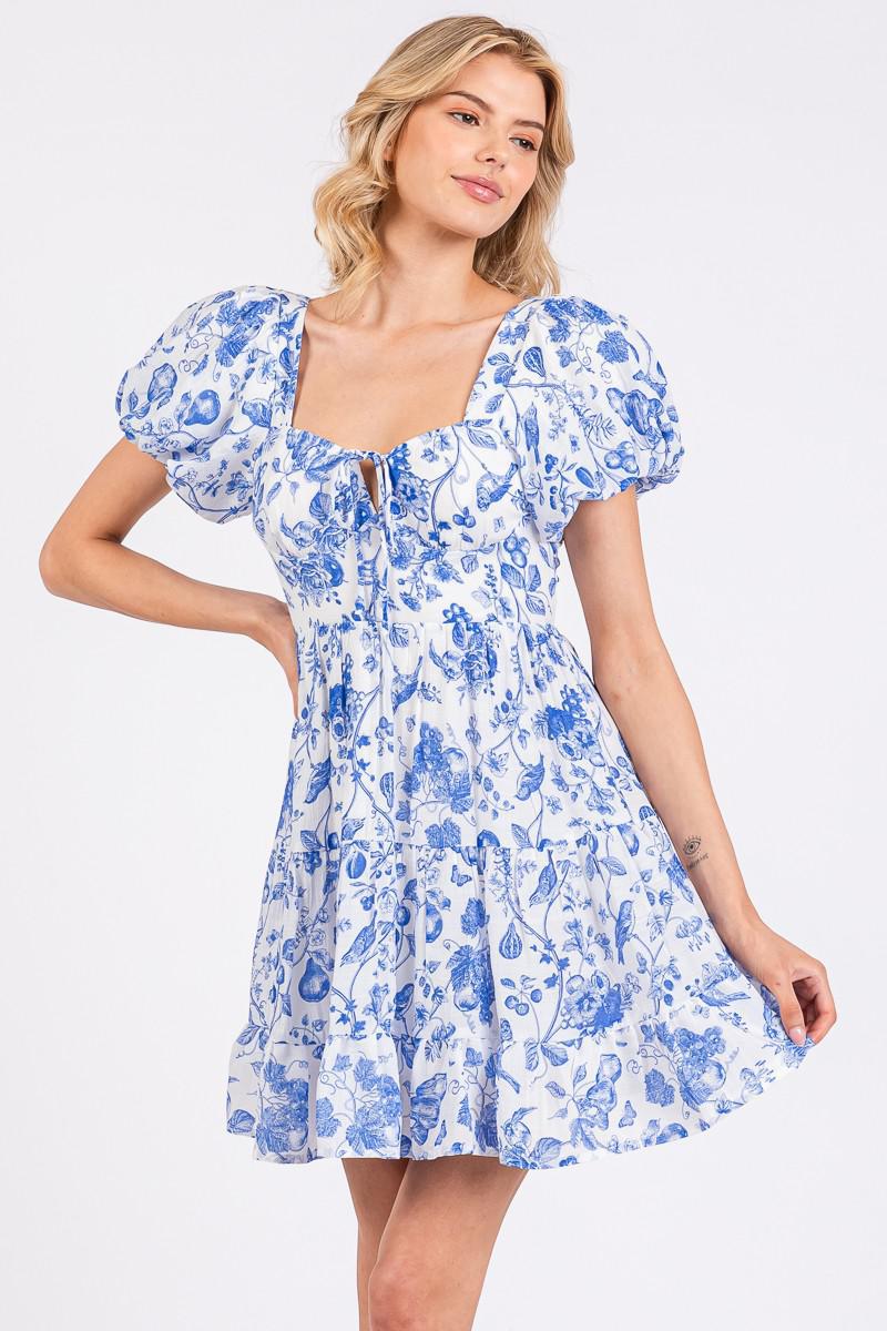 Blue Flower Print Crinkle Gauze Puff Dress