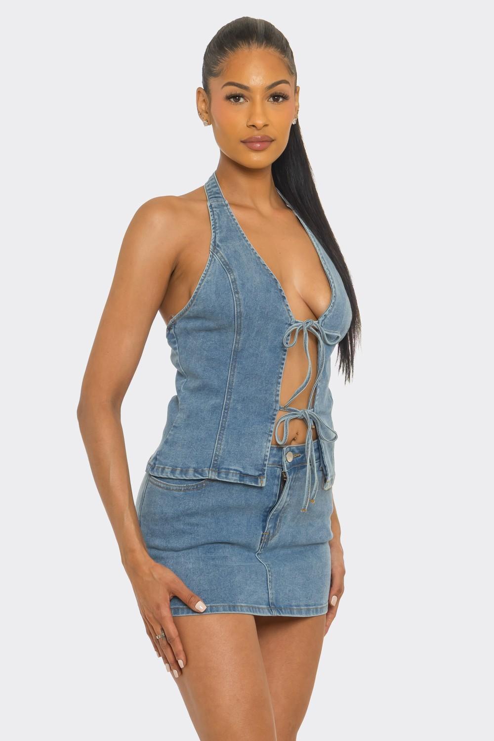 Halter Neck Front Tie Top And Mini Skirt Set