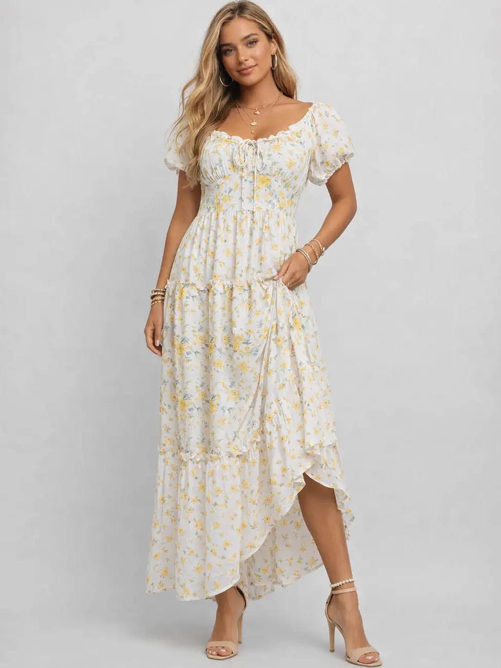 Floral Print Sweetheart Neck Puff Sleeves Maxi Dress