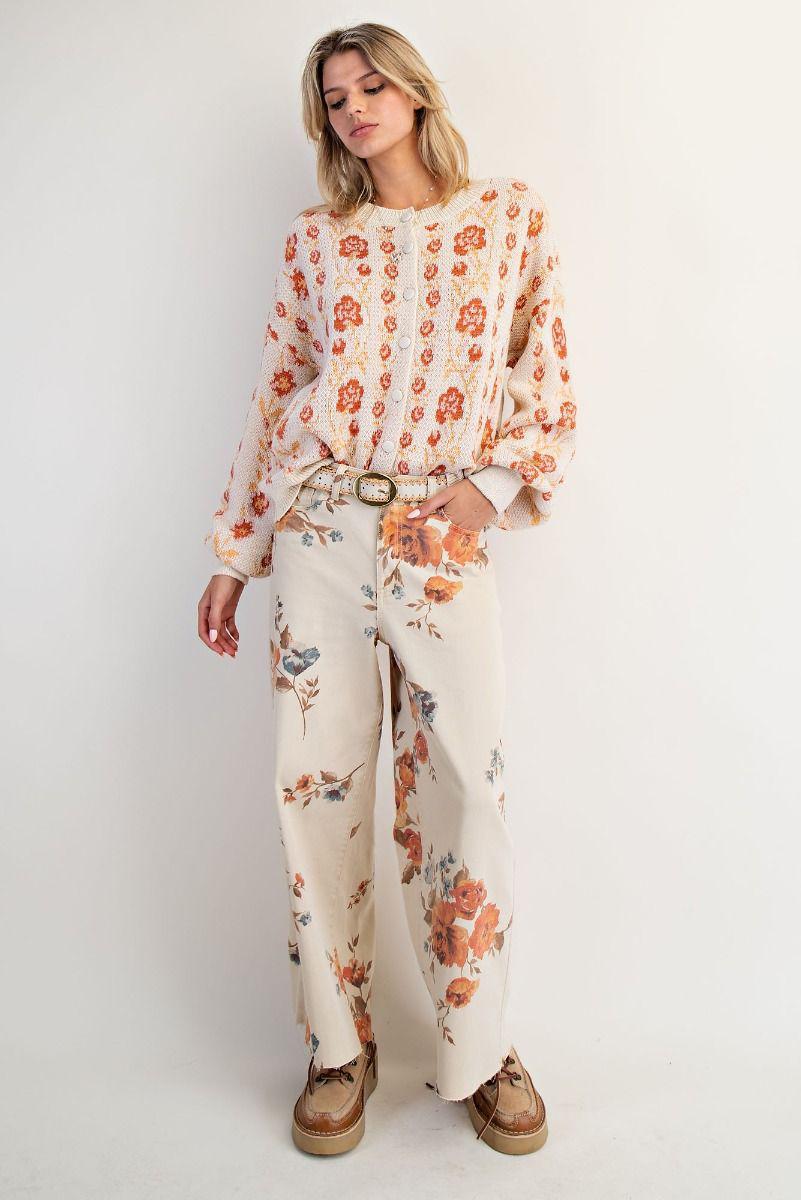 FLORAL PATTERN KNITTED SWEATER CARDIGAN