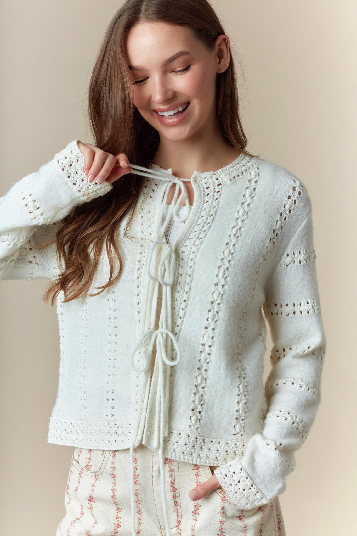3 Bow Tie Strap Sweater Cardigan - Ivory