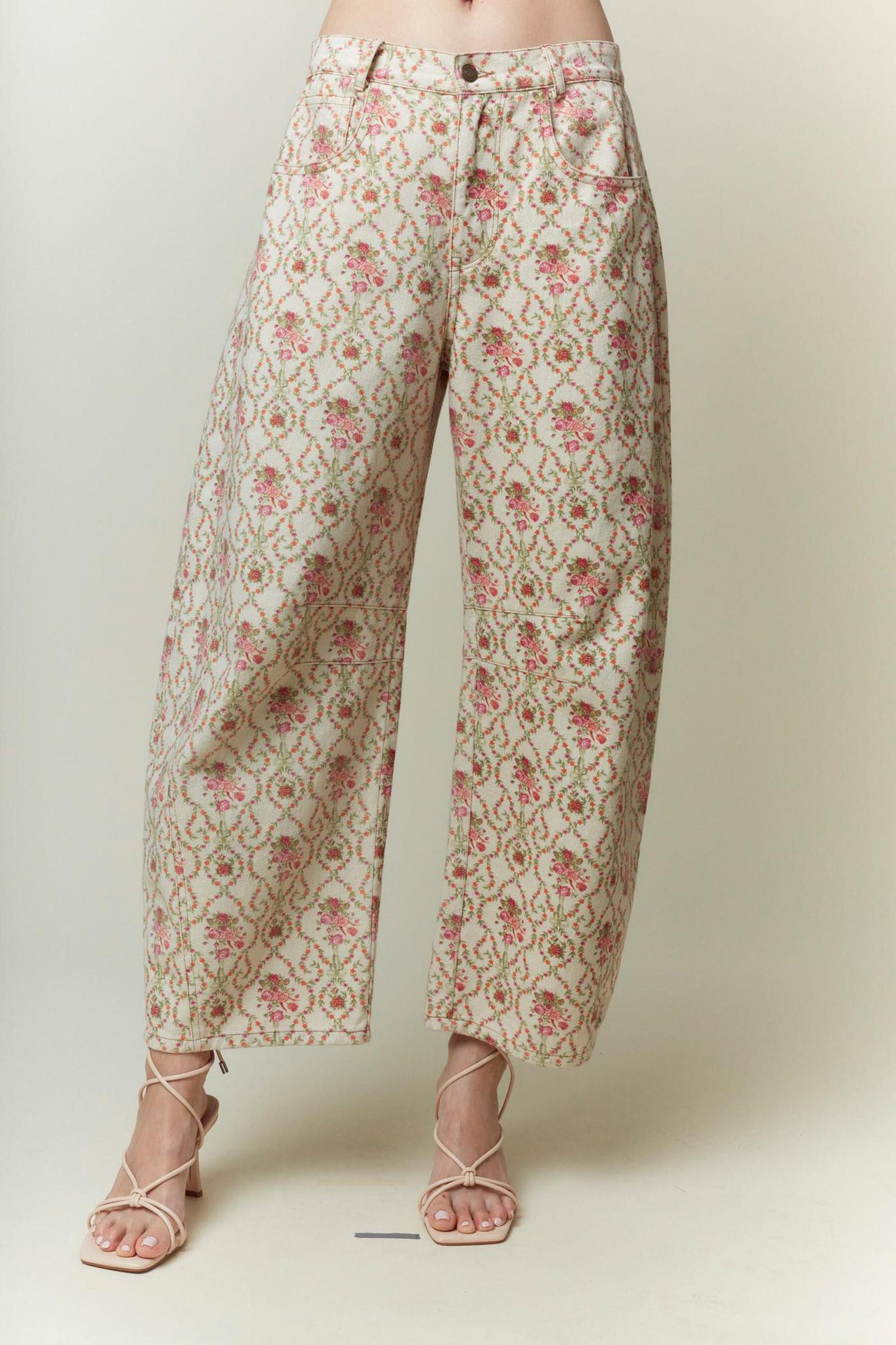 Jacquard Floral Printed Barrel Jeans
