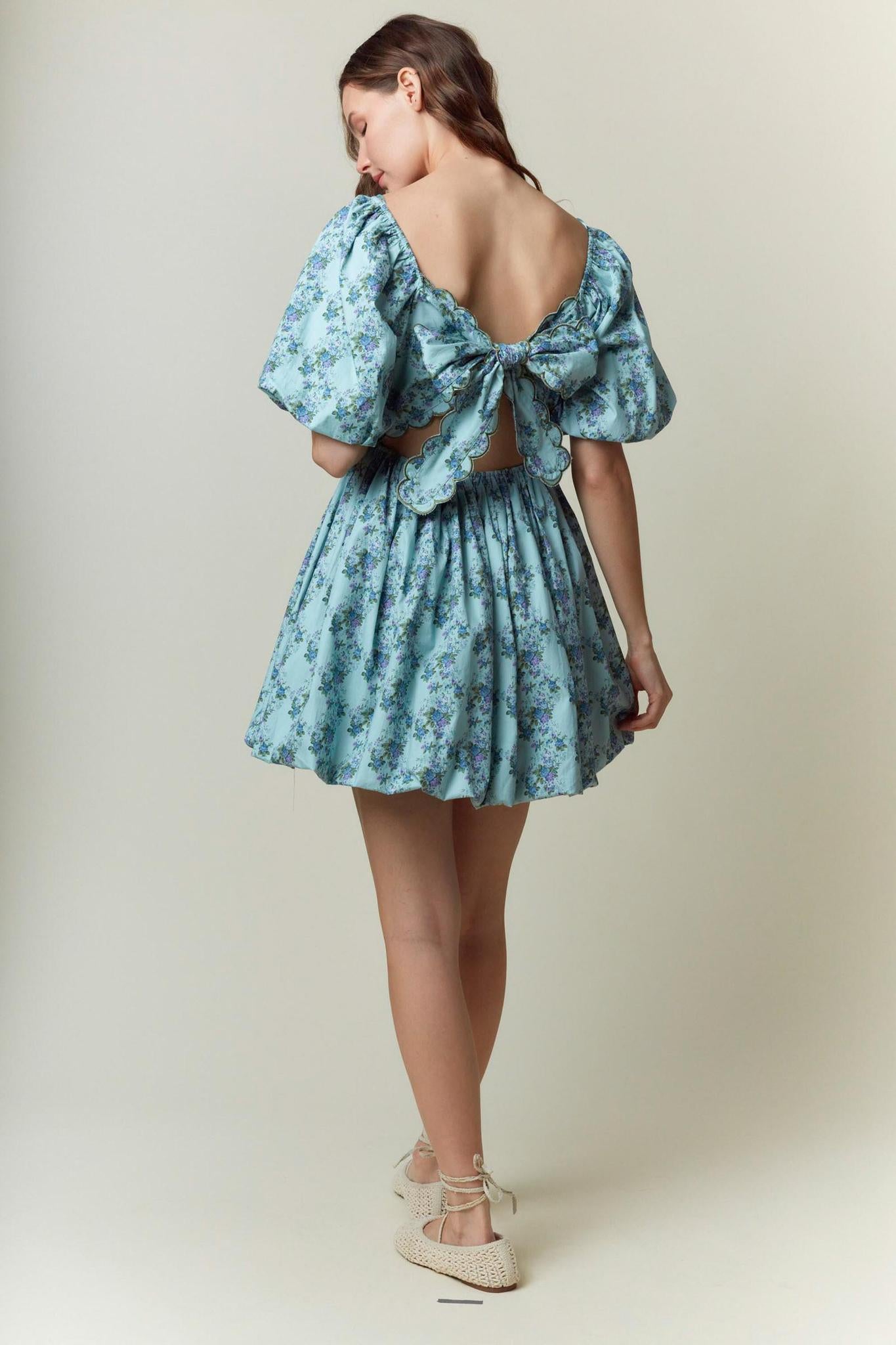 Emerald Floral Printed Scallop Embroidery Mini Dress