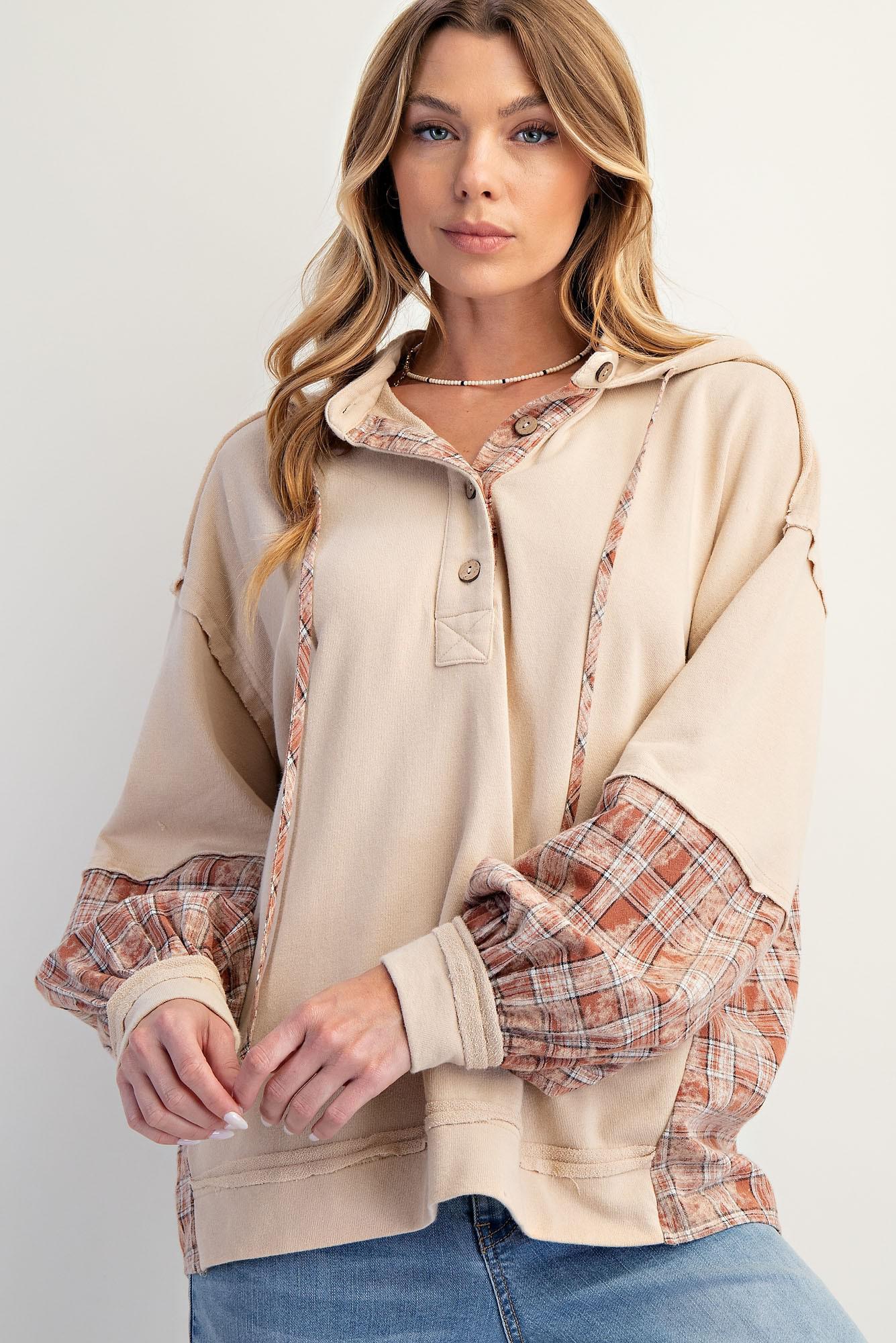 Beige Plaid Mix Henley Hoodie Pullover