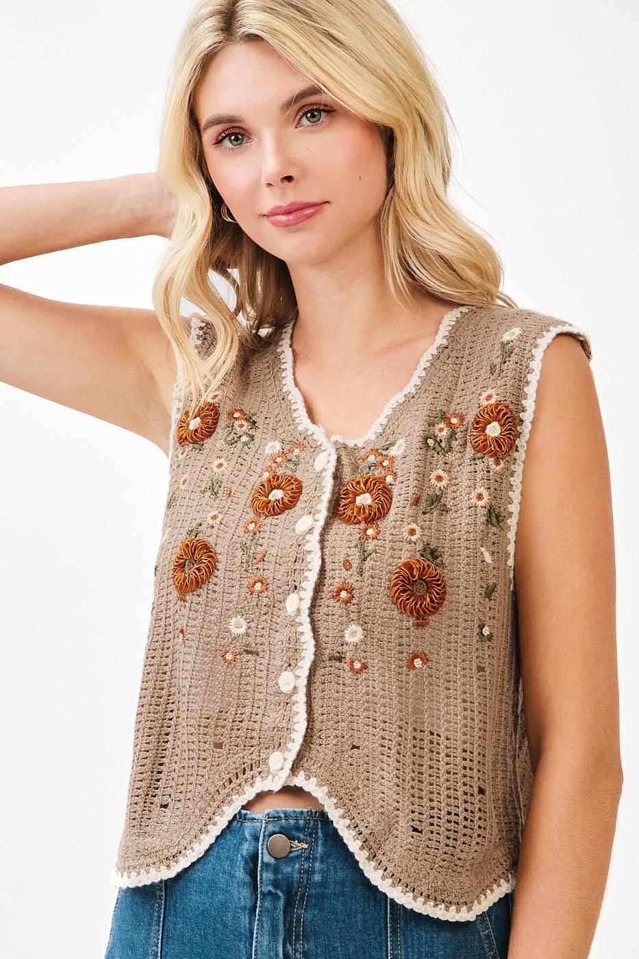 Floral Embroidery Sleeveless Vest Crochet Top