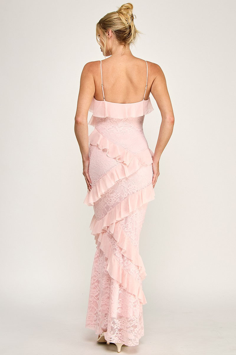 Light Pink Sleeveless Strap Open Back Ruffle Maxi Dress
