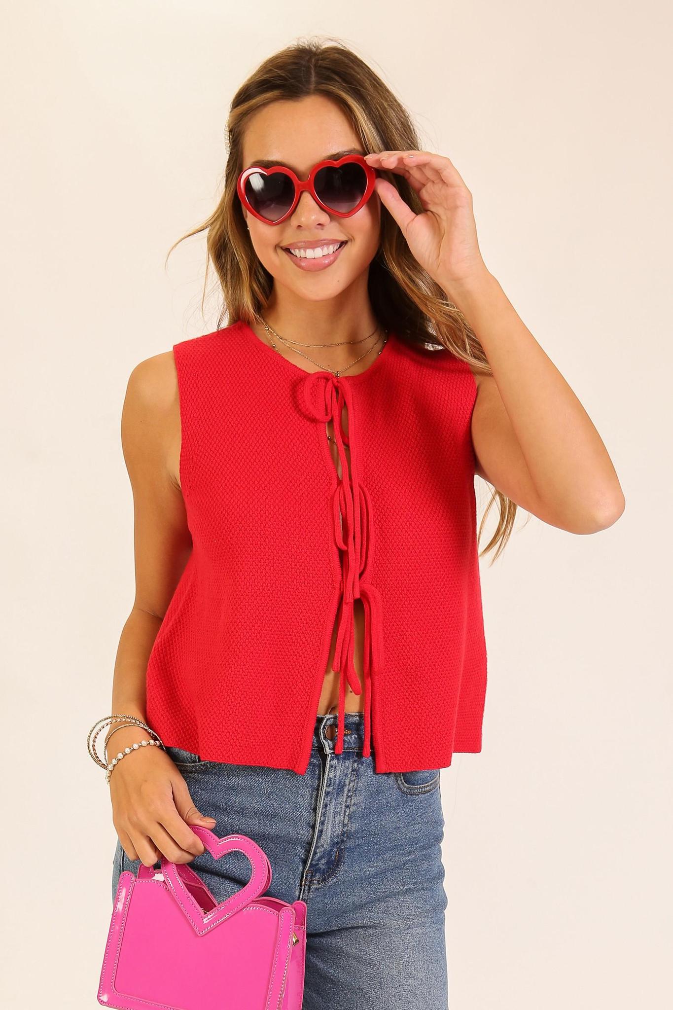 Festive Tie-front Sweater Vest - Red