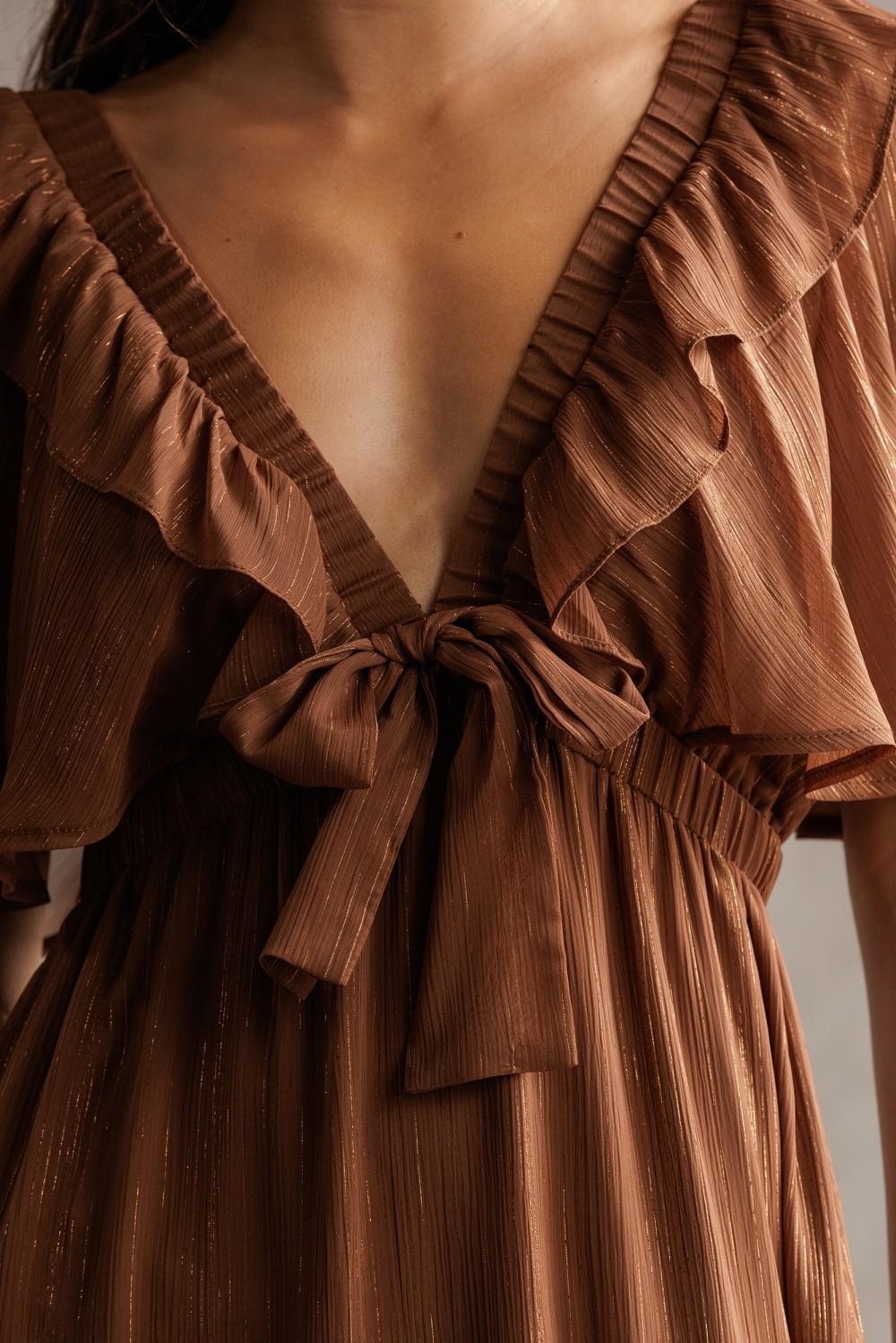 Shimmer Brown Metallic Tiered Midi Dress