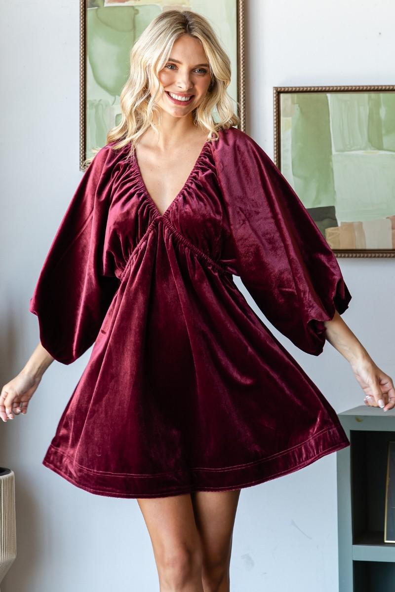 Velvet Puff Sleeve Deep V-neck Dress