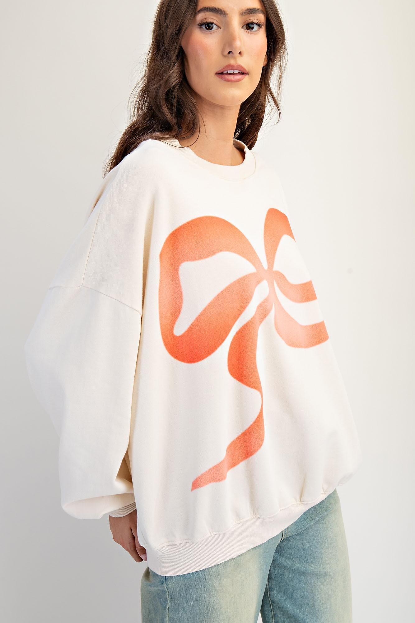 Bow Print Front Washed Terry Pullover