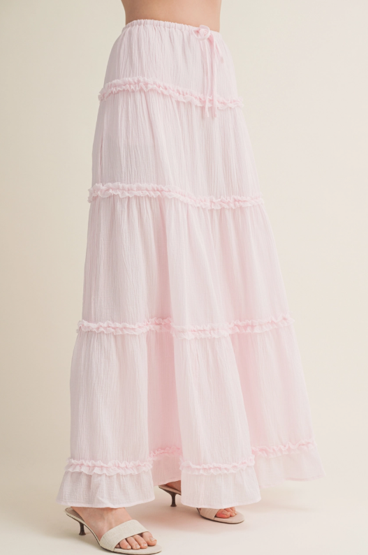 Water Lily Pink Gathered Ruffle Tier Maxi Skirt