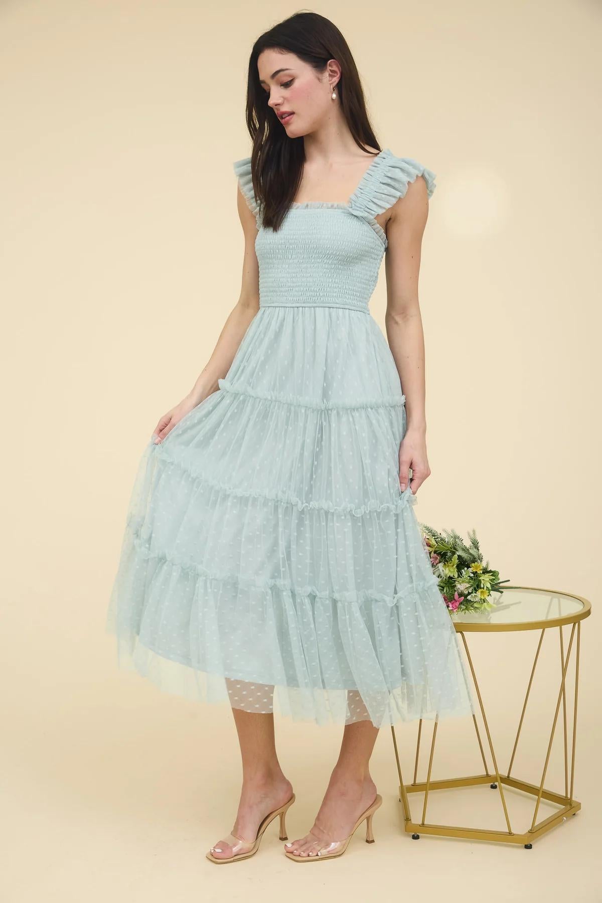 Polka Dot Chiffon Tiered Midi Dress