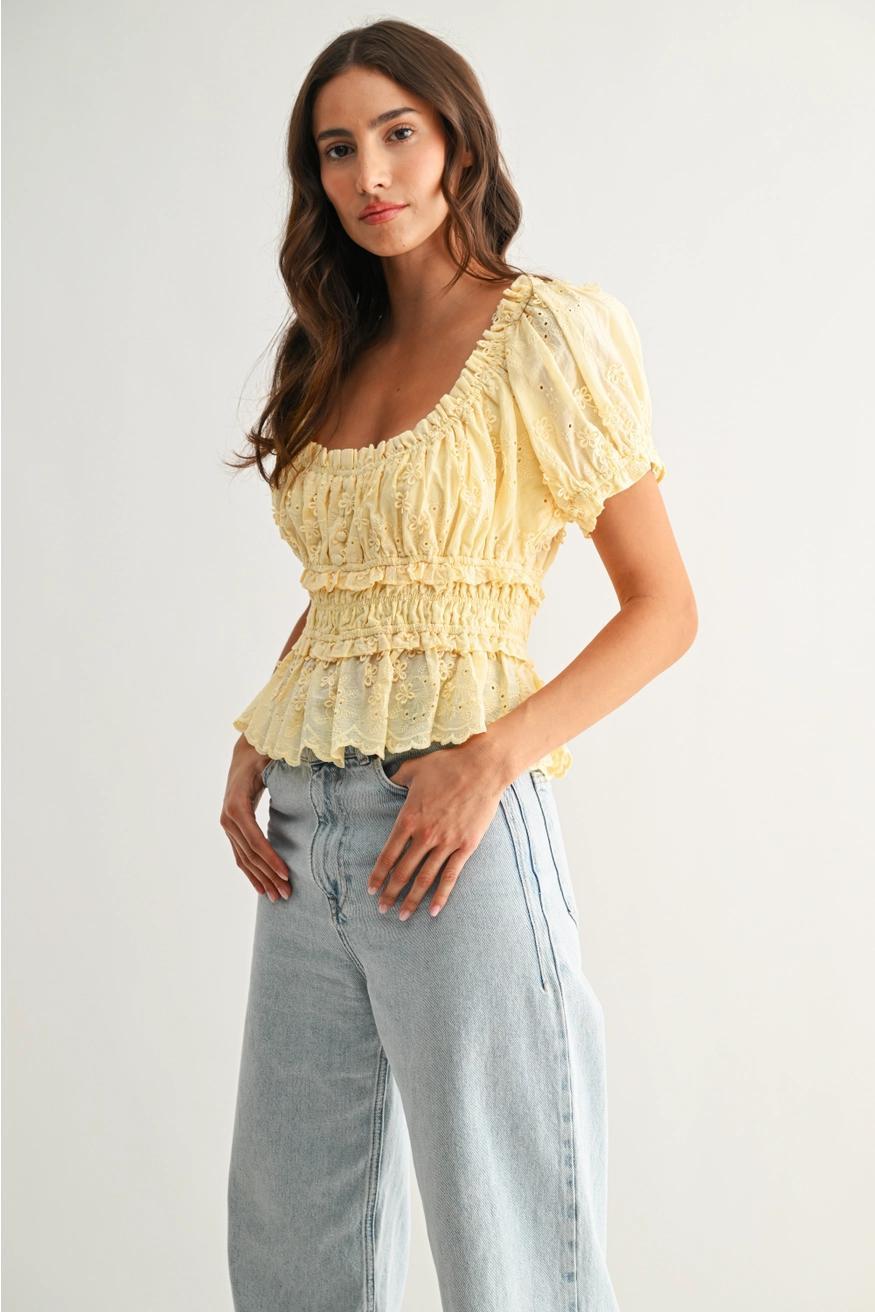 Embroidered Peplum Blouse in Yellow