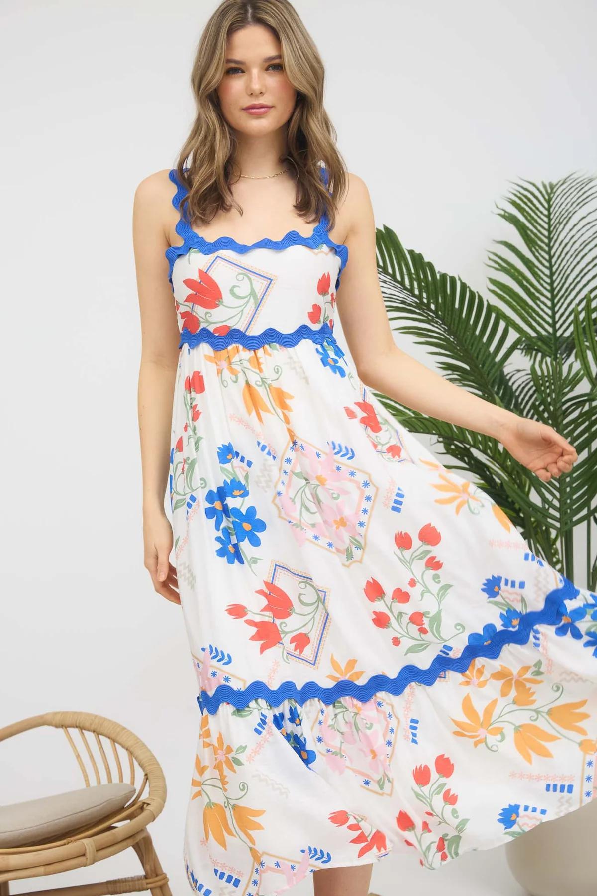 FLORAL PATTERN WAVY DETAIL MIDI DRESS