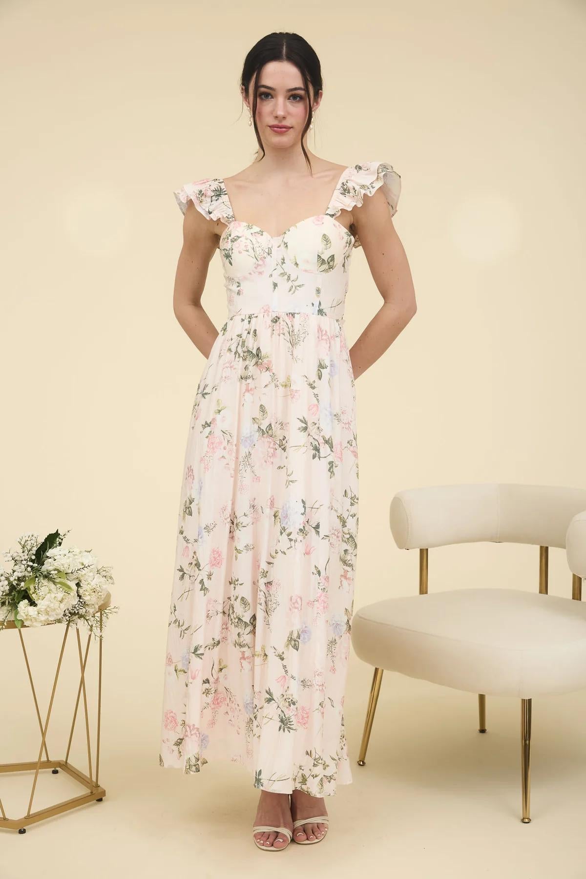 Blush Floral Corset Detail Maxi Dress