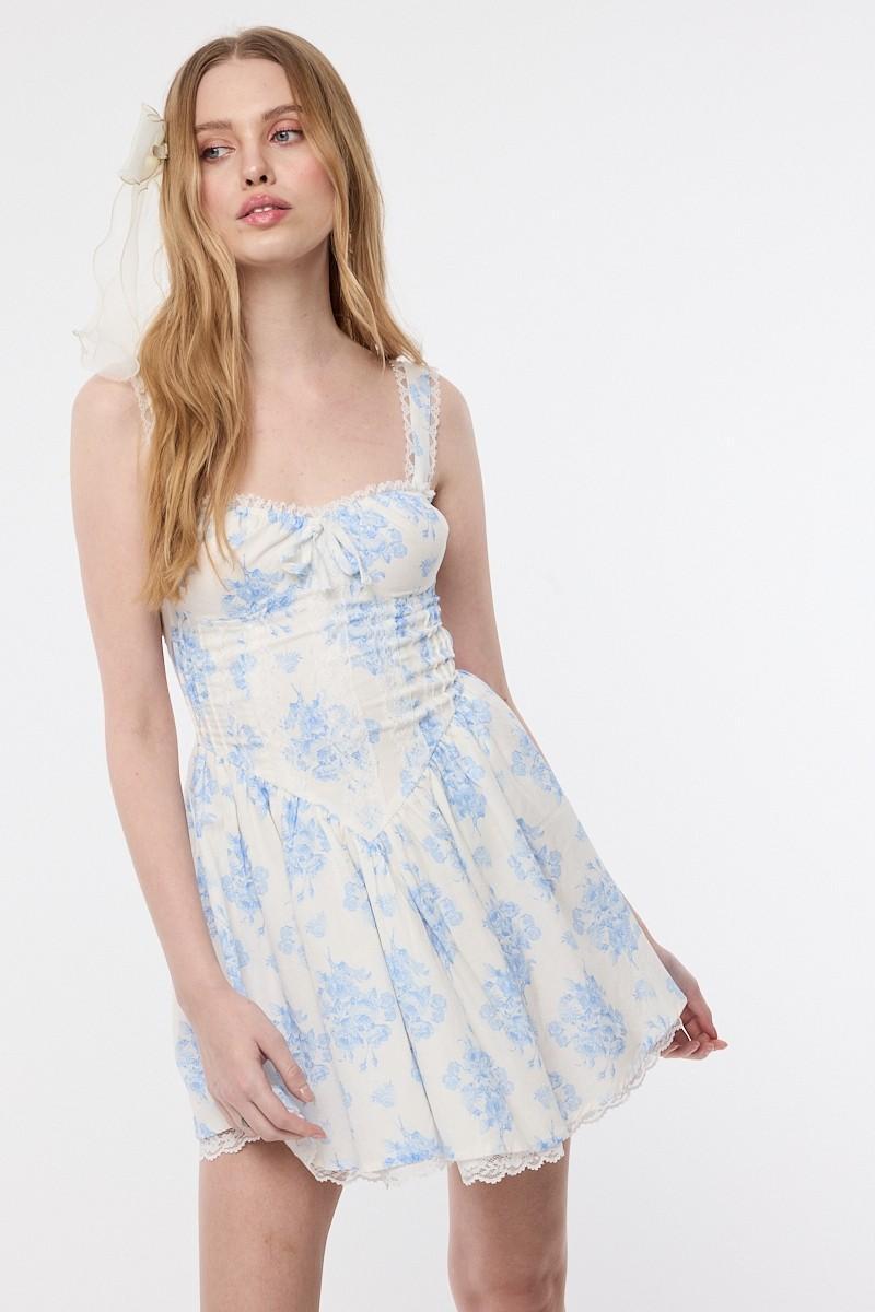Blue Balloon Floral Wide Strap Lace Trim Mini Dress