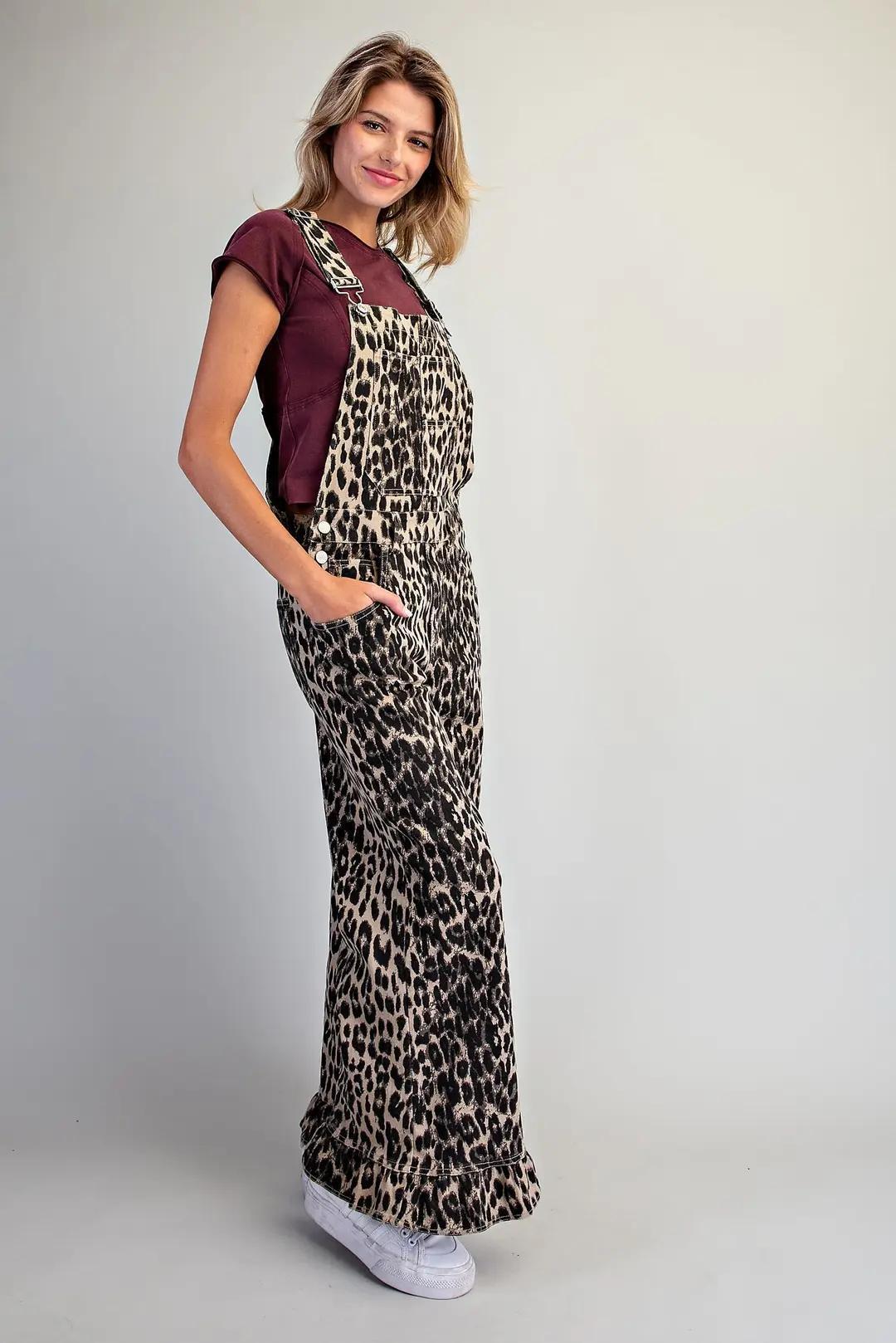 Mineral Washed Leopard Ruffle Hem Jumpsuit