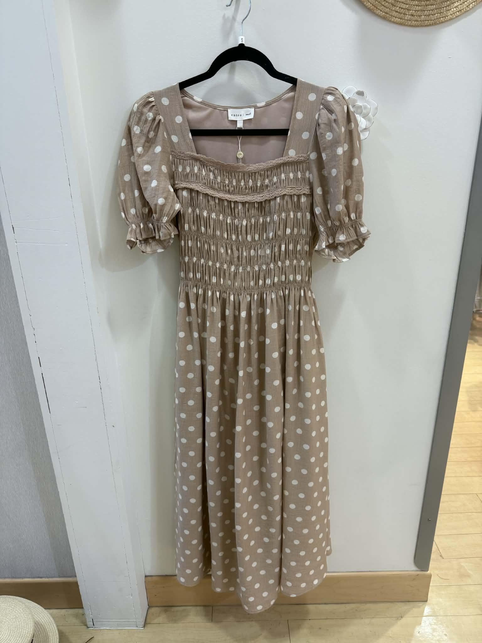 Taupe Polka Dotted Stretch Midi Dress