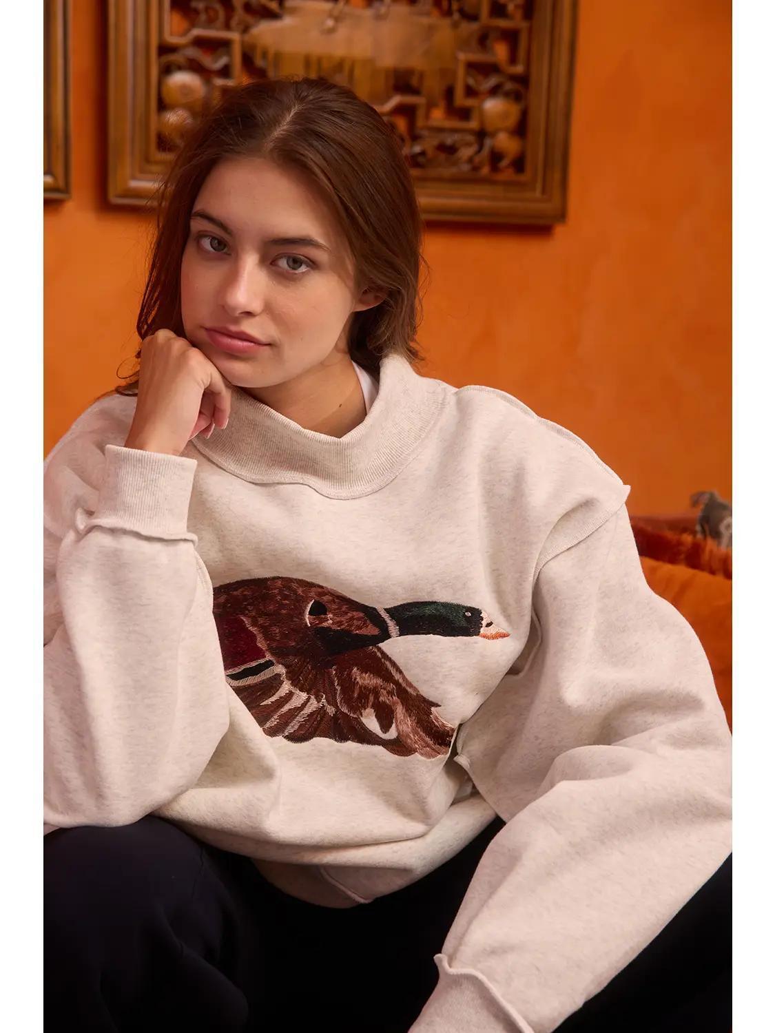 'Mallard' Embroidered Ash Mock-Neck Sweatshirt