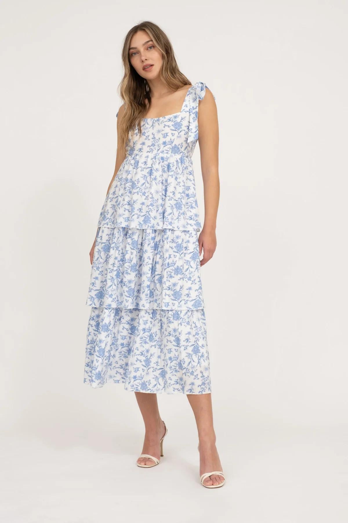 FLORAL TIE STRAP RUFFLE TIERED MIDI DRESS
