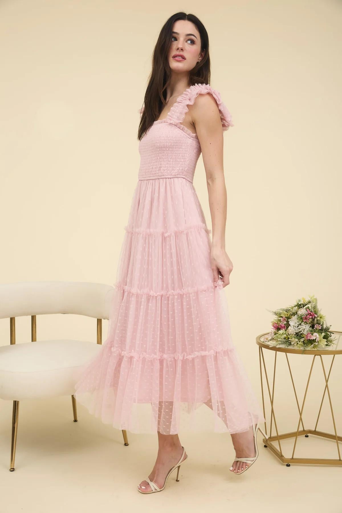 Polka Dot Chiffon Tiered Midi Dress