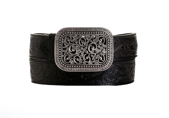 Ariat® Ladies Rhinestone Filigree Tooled Black Leather Belt