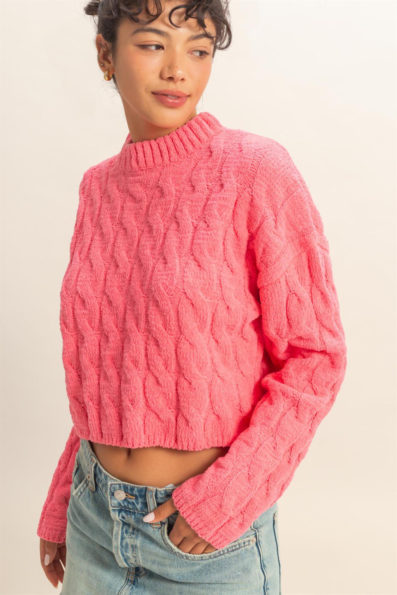 Textured Crew Neck Cable Knit Sweater