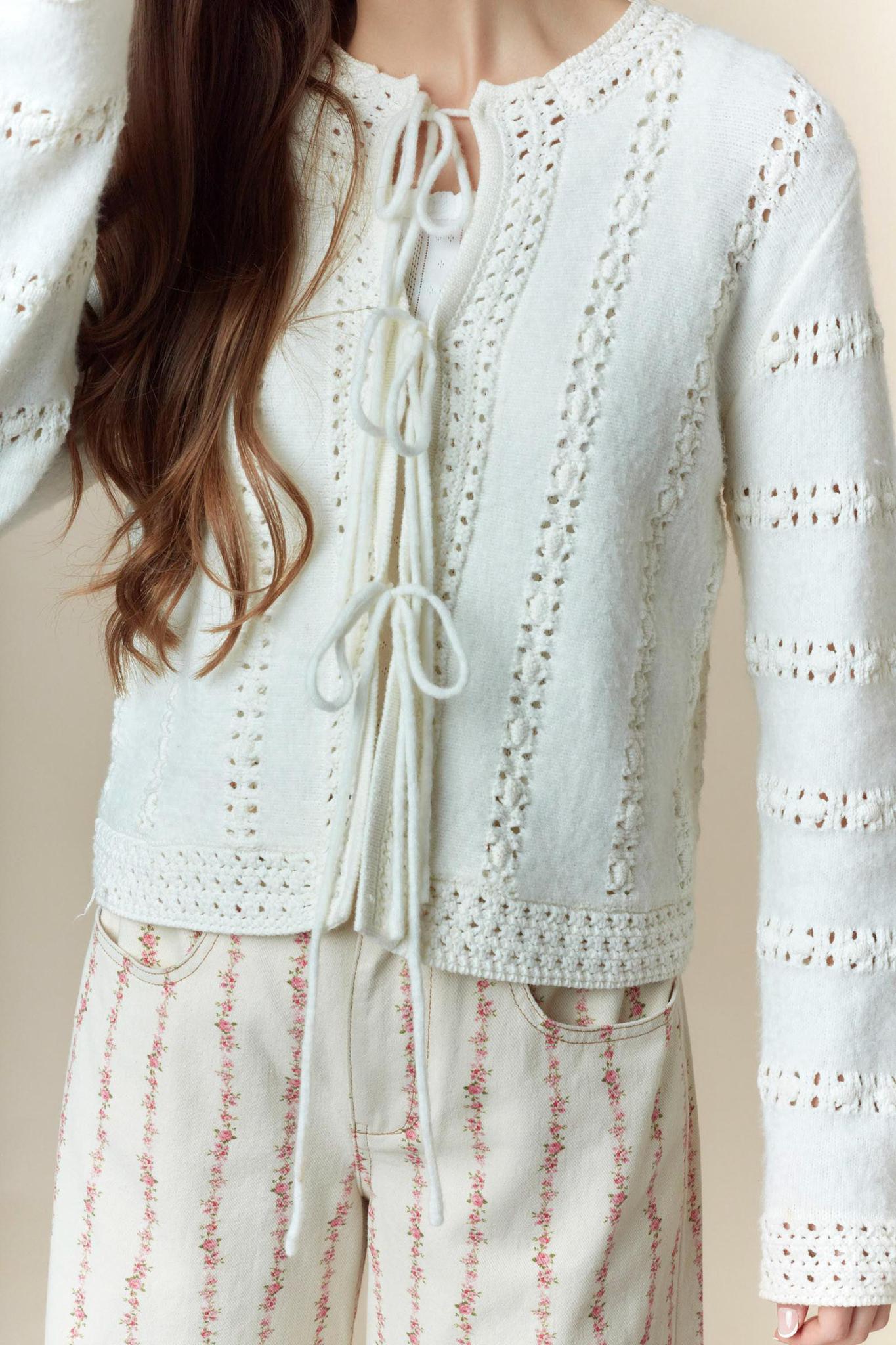 3 Bow Tie Strap Sweater Cardigan - Ivory