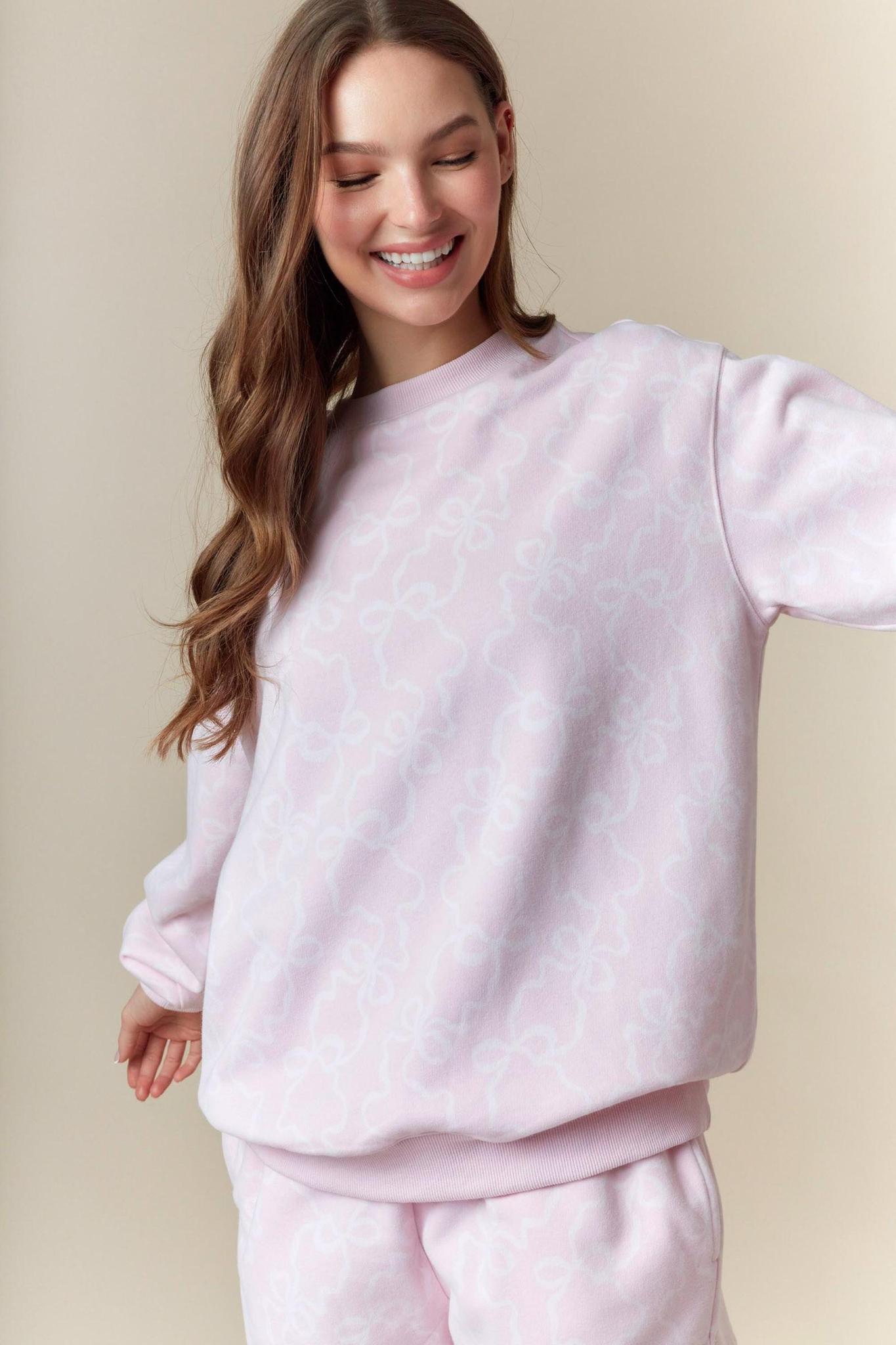 Bow Printed Fleece Terry Sweatshirt