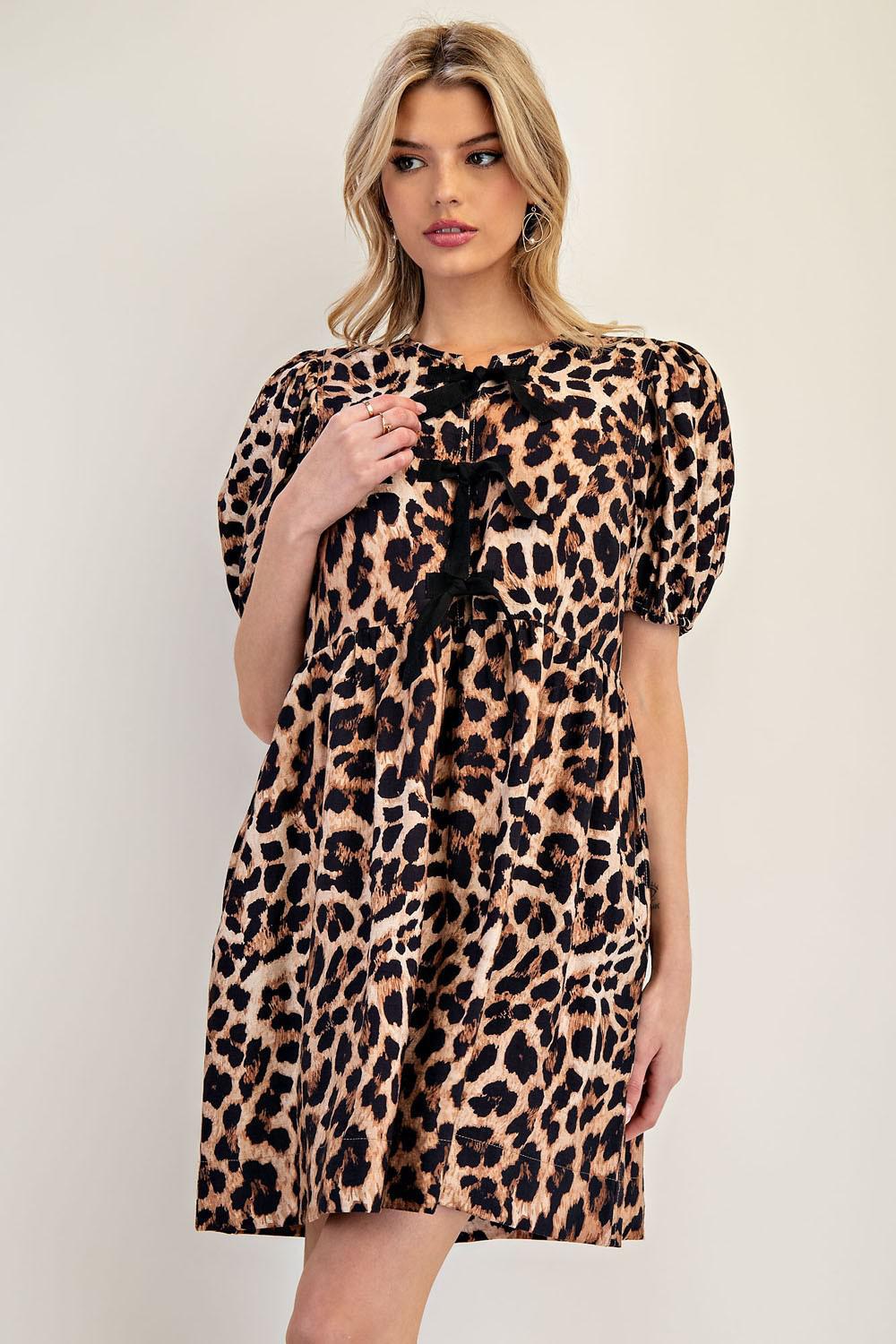 Leopard Ribbon Tie Front Mini Dress