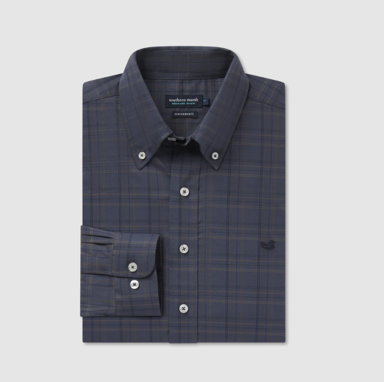 Chatham Lines Performance Dress Shirt Navy & Stone Brown