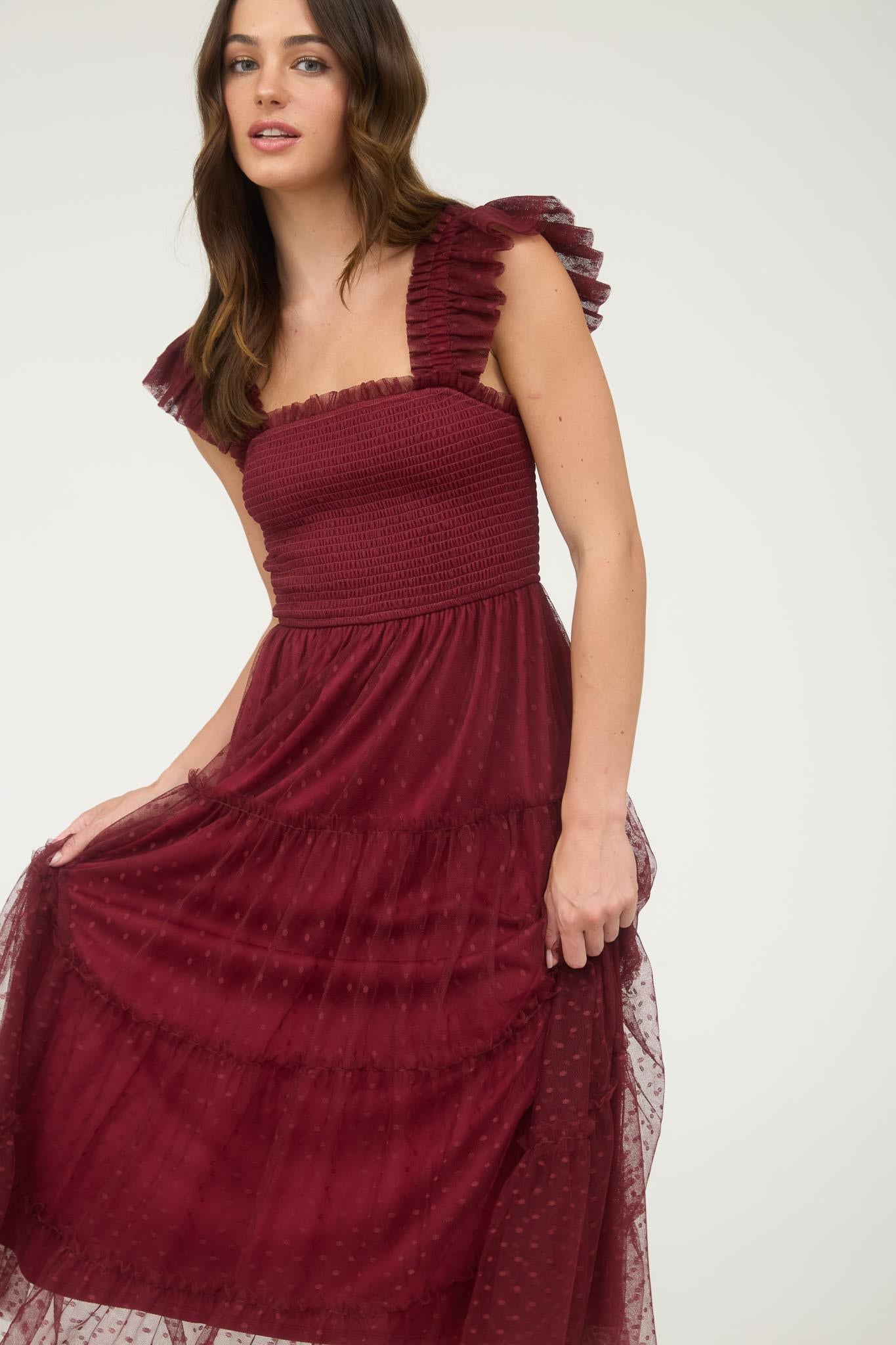 Polka Dot Chiffon Tiered Midi Dress