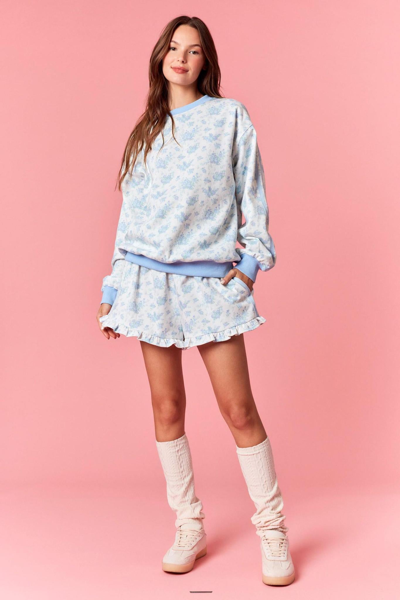 Blue Floral Print Terry Sweatshirt