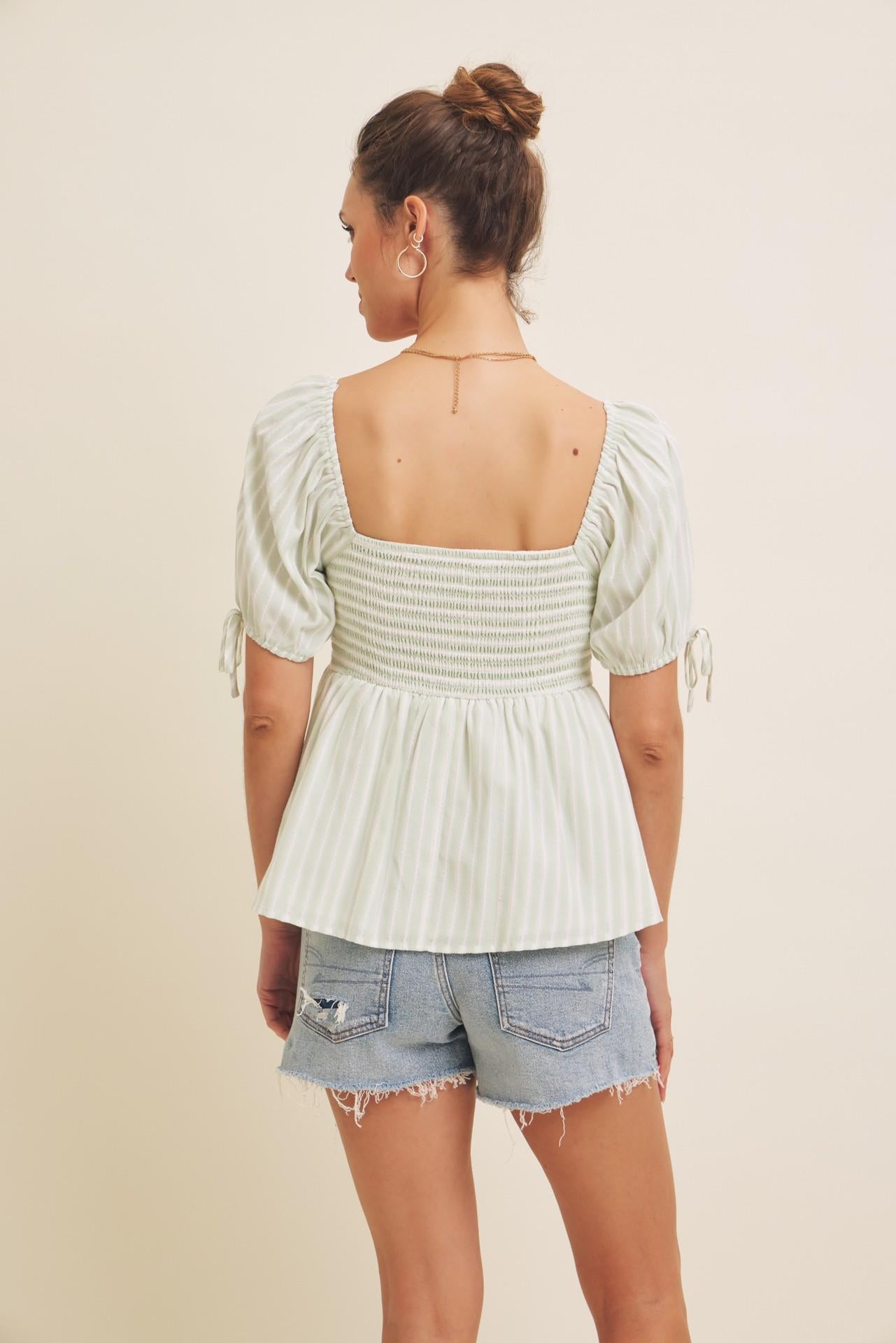 Textured Stripe Babydoll Top With Smocked Back