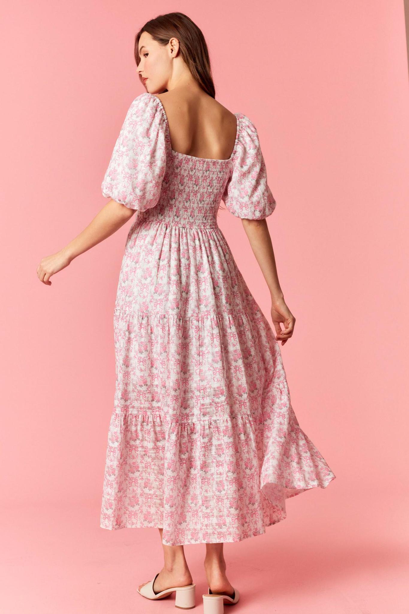 Smocked Lace Trim Printed Cotton Maxi Dress
