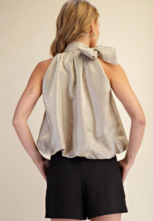 Taupe High Neck Tie Wrap Balloon Sleeveless Top